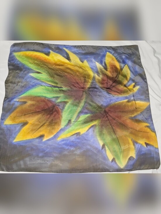 Accessories - Vintage Hand Painted 100% Pure Silk Scarf Autumn Maple Leaves Blue Gold Fall